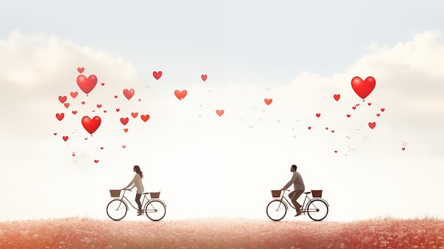 アウトドアで一緒に自転車に乗る幸せなカップルの水彩画