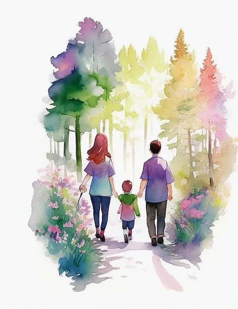 Watercolor illustration of a happy family walking in the garden with their baby