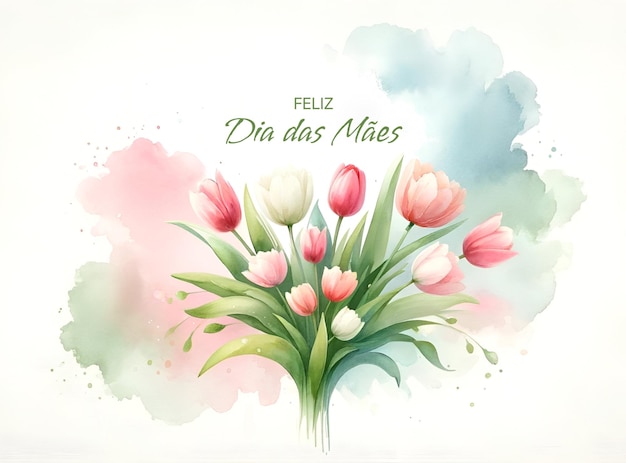 Watercolor illustration for happy mothers day with text on portuguese