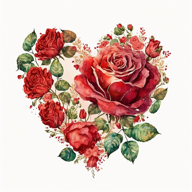 Watercolor illustration heart made of roses Red flowers bouquet clipart Valentines day card