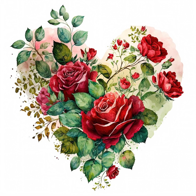 Watercolor illustration heart made of roses Valentines day card