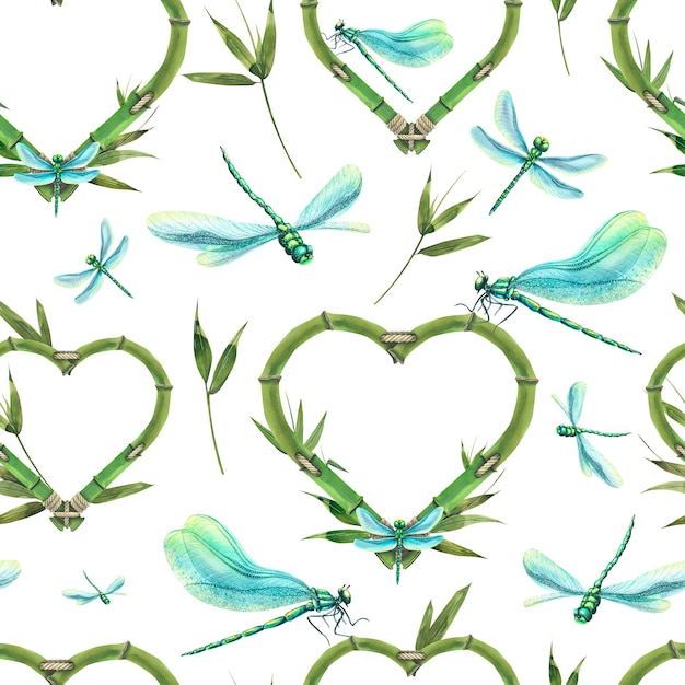 Watercolor illustration heartshaped bamboo seamless pattern