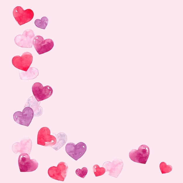 Watercolor illustration of heartshaped confetti on a pink background