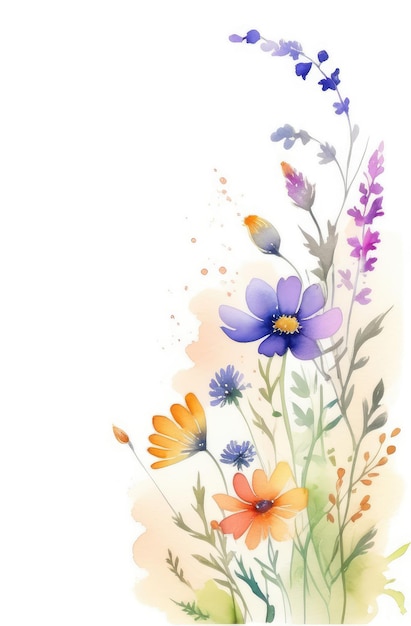 watercolor illustration of herb and flowers herbal drawing with copyspace on white background