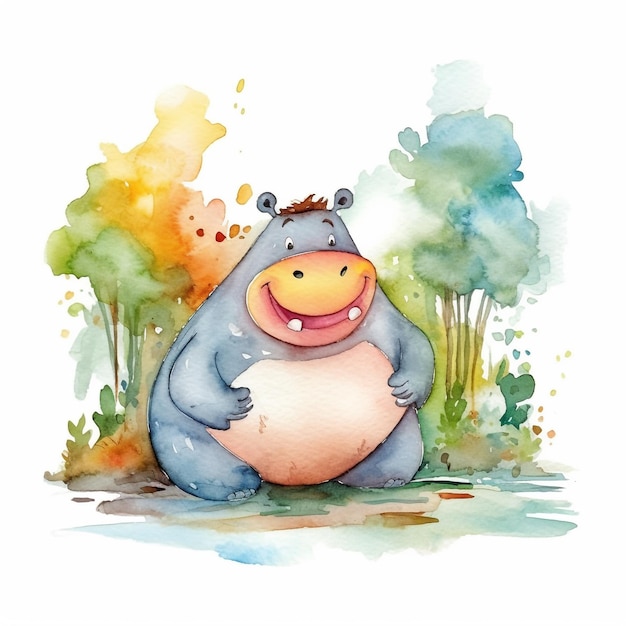 Watercolor illustration of a hippo