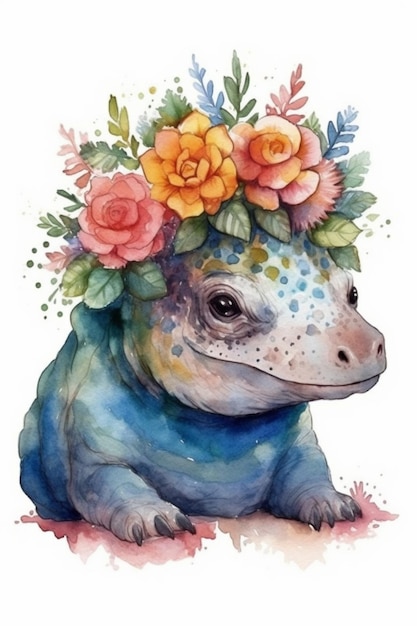 Watercolor illustration of a hippopotamus wearing a flower crown