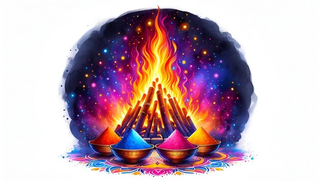 Watercolor illustration of holika dahan bonfire at night with bowls with color powder