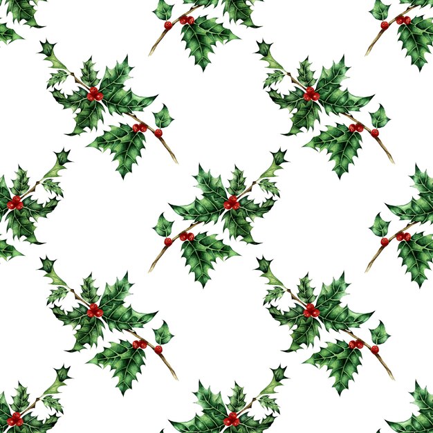 Watercolor illustration of a holly pattern Seamless repeating holiday New Year and Christmas print