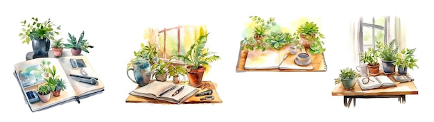 Watercolor illustration of home workspace with notebook and plants Generative ai