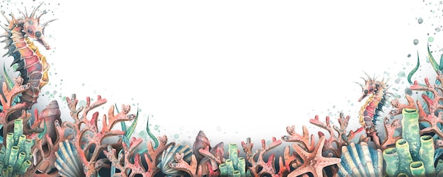 Акварельная иллюстрация горизонтальной доски на морскую тематику с морским коньком, ракушками, водорослями и кораллами. Композиция для оформления и оформления сувениров, плакатов, открыток, принтов, баннеров.