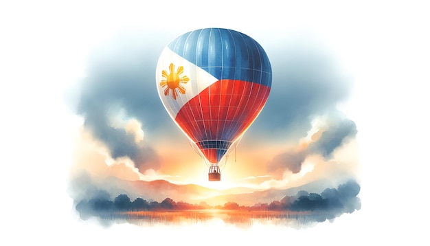 Photo watercolor illustration of hot air balloon in the colors of the philippines flag at sunset