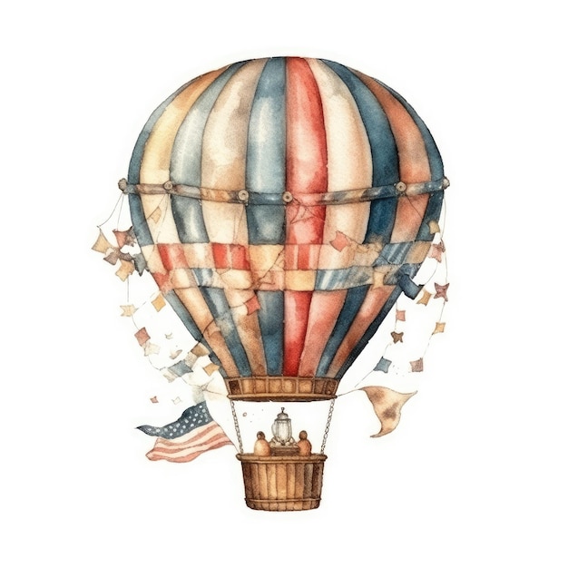 Photo watercolor illustration of a hot air balloon with a flag and a blue and red balloon