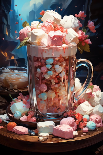 Watercolor illustration of hot chocolatehmallows and sweets