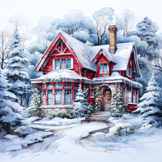 Watercolor illustration of house adorned with Christmas decorations surrounded by a winter forest