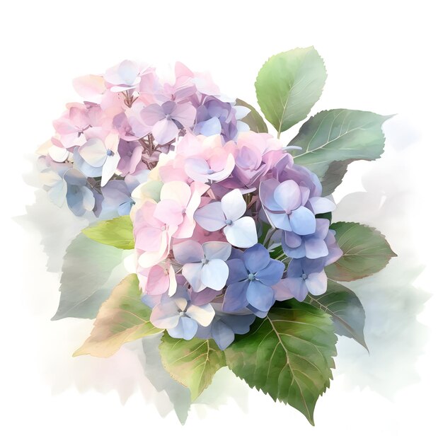 Watercolor illustration of hydrangea flower isolated on white background Generative AI