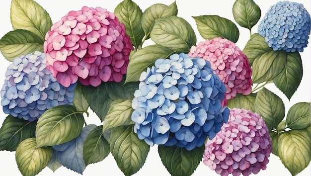 Watercolor illustration of hydrangea flowers Spring theme