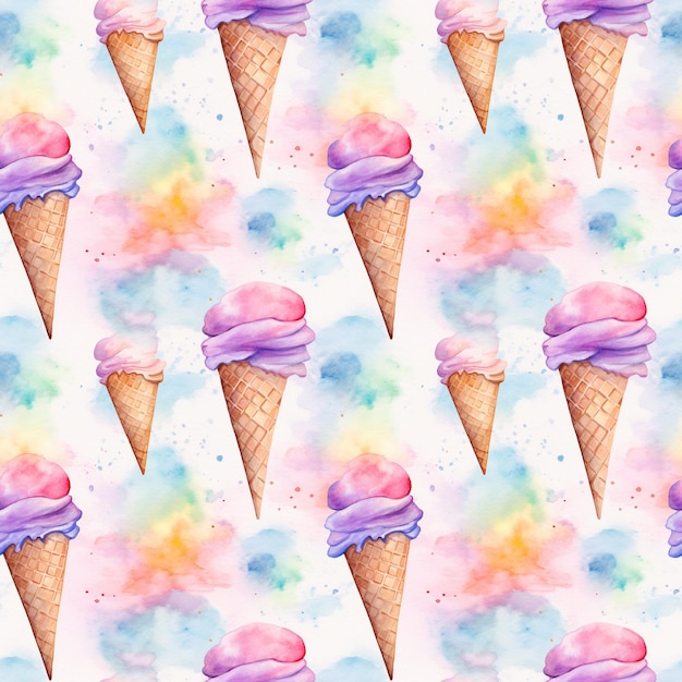 Watercolor illustration of a ice cream pattern seamless repeating pattern