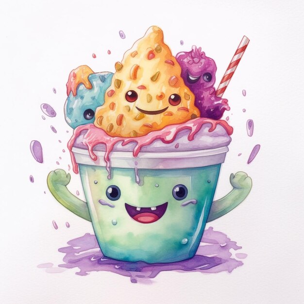 A watercolor illustration of a ice cream sundae with a smiling face and a straw.