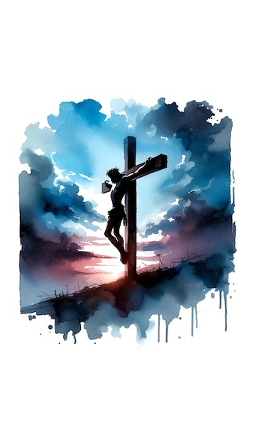 Watercolor illustration of a jesus christ silhouette on cross