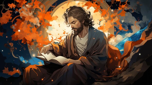 Watercolor Illustration of Jesus with a Book