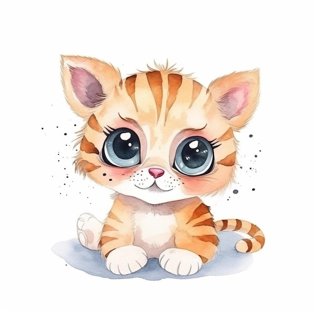 Watercolor illustration of a kitten with big blue eyes