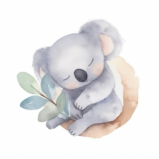 A watercolor illustration of a koala sleeping in a peach colored circle.