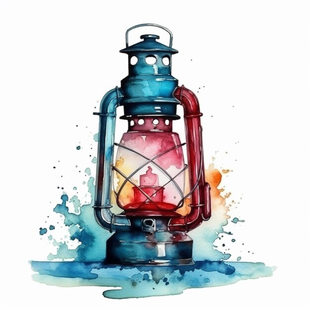 Watercolor illustration of a lantern with a red and blue color.