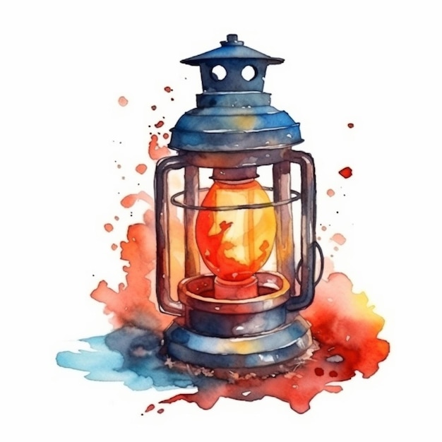 Watercolor illustration of a lantern with a red fire on a white background. stock illustration