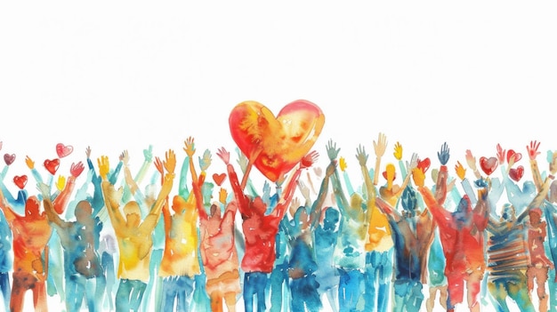 Watercolor illustration of a large group of people raising their hands up towards a big heart