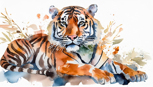 Watercolor illustration of large tiger Wild animal Hand drawn art