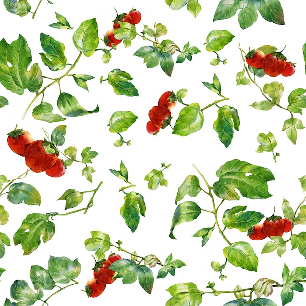 葉とイチゴ、白い背景の上のシームレスなパターンの水彩イラスト
