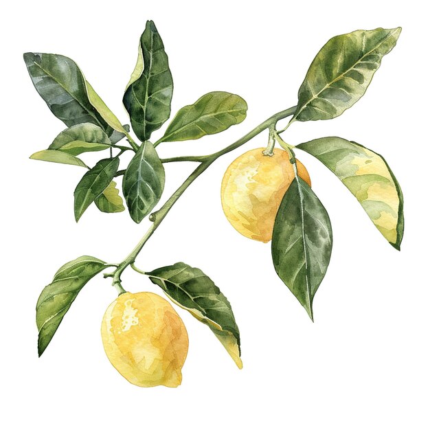 Watercolor illustration of lemon with green leaves