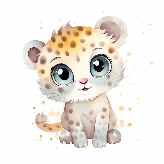 Watercolor illustration of a leopard cub with blue eyes.