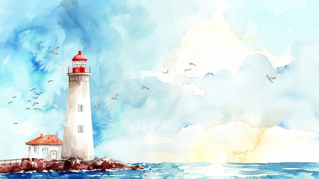 A watercolor illustration of a lighthouse suitable for postcards magnets and other items