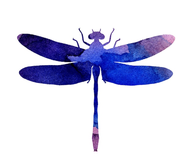 watercolor illustration of a lilacblue abstract dragonfly with paint stripes cute funny insect print