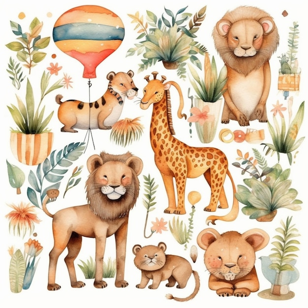 A watercolor illustration of a lion, lion, giraffe, and other animals.