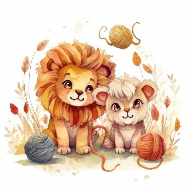 Watercolor illustration of a lion and a sheep.