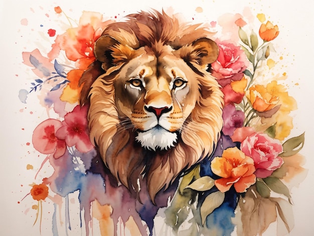 Photo watercolor illustration of lion surrounded by flowers and splashes of watercolor paint