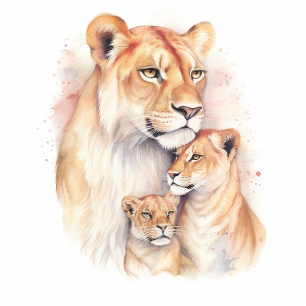 Watercolor illustration of lioness and cub family ten Ai generated art