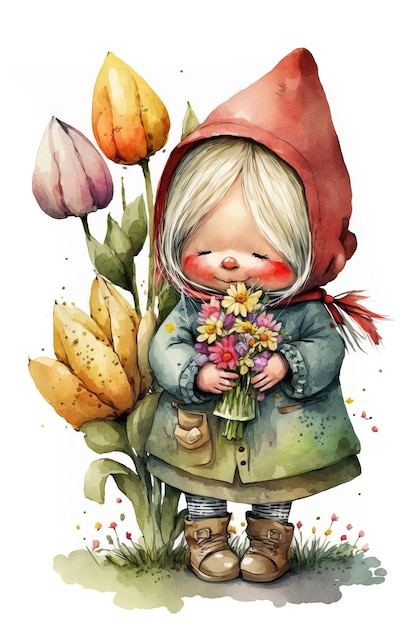 A watercolor illustration of a little girl holding a bouquet of tulips