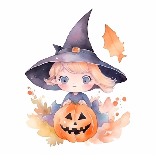 Watercolor illustration of a little girl in a witch hat with a pumpkin and the word halloween on it.