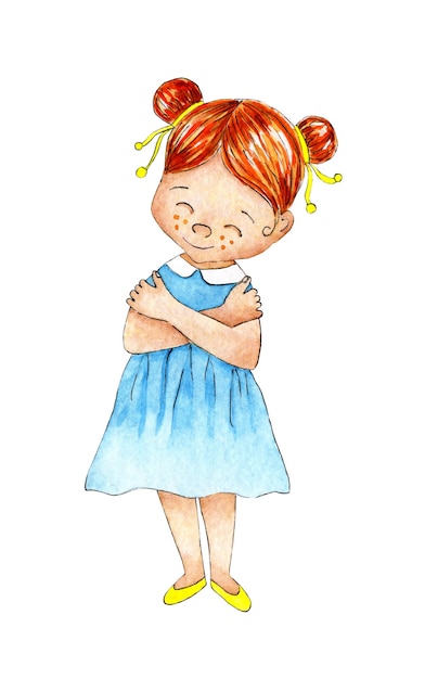 Watercolor illustration of a little redhaired girl in a blue dress and yellow shoes hugs herself