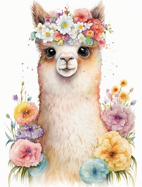 Акварельная иллюстрация ламы с цветами и венком из цветов.