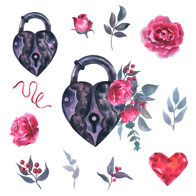Watercolor illustration of a lock with viva mangenta roses buds leaves eucalyptus and red berries in