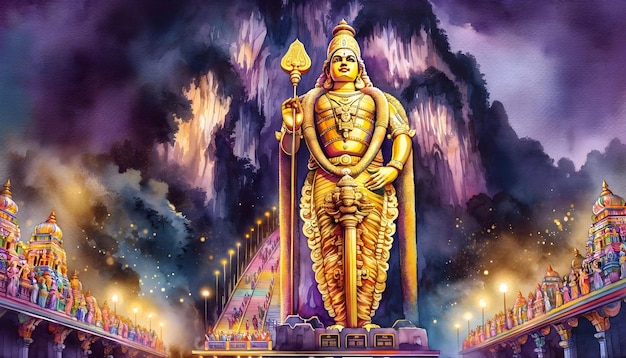 Watercolor illustration of lord muruga gold statue at batu caves