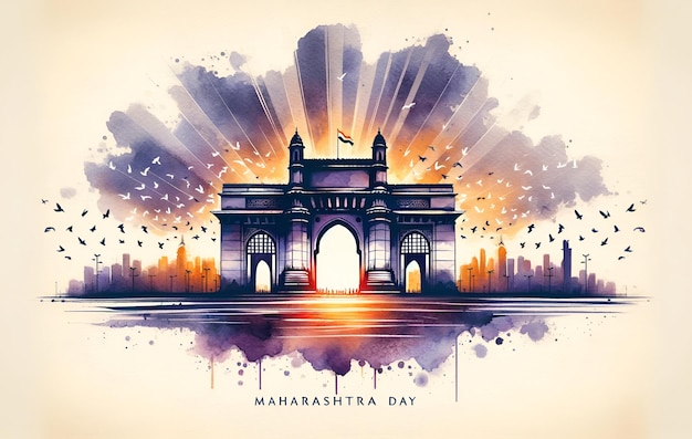 Watercolor illustration for maharashtra day with the gateway of india at sunset