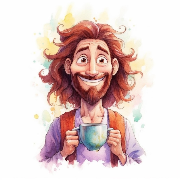 Watercolor illustration of a man with long hair and a beard holding a cup of coffee.