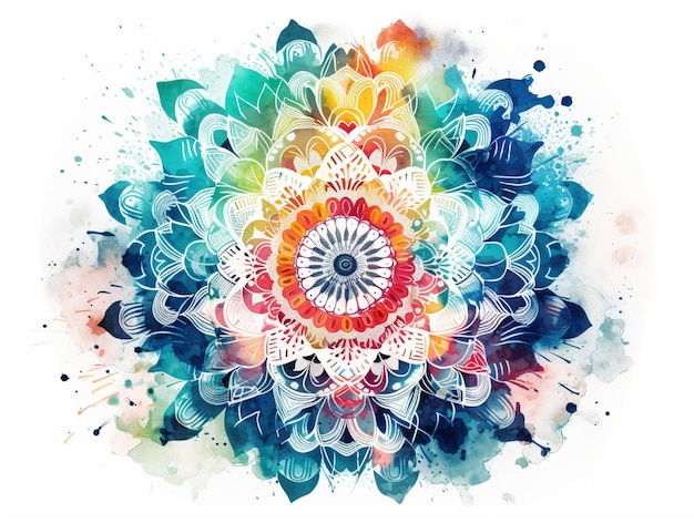 A watercolor illustration of a mandala with the word mandala on it.