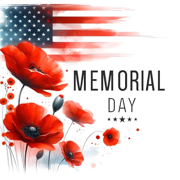 Photo watercolor illustration for memorial day with red poppies and american flag