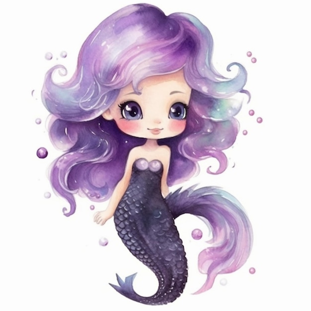 a watercolor illustration of a mermaid with purple hair and a purple tail generative ai